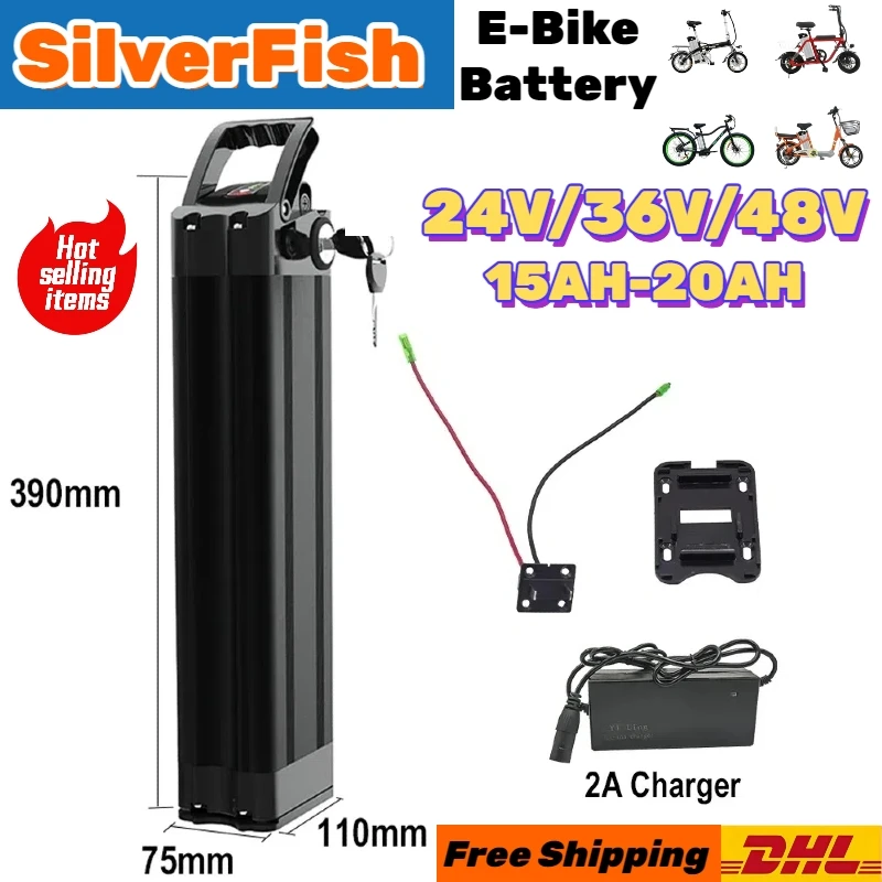 

SilverFish 24V/36V/48V large capacity 15AH 20AH li-ion 18650 battery pack for various electric bicycles, equipped with a charger