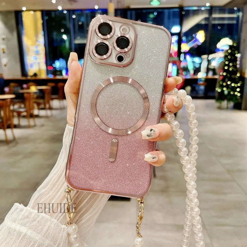 Magnetic Pearl Crossbody Clear Glitter Phone Case with Lanyard Strap