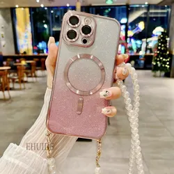 Magnetic Pearl Crossbody Clear Glitter Phone Case with Lanyard Strap - Galaxy S21 Plus (Rosepink)