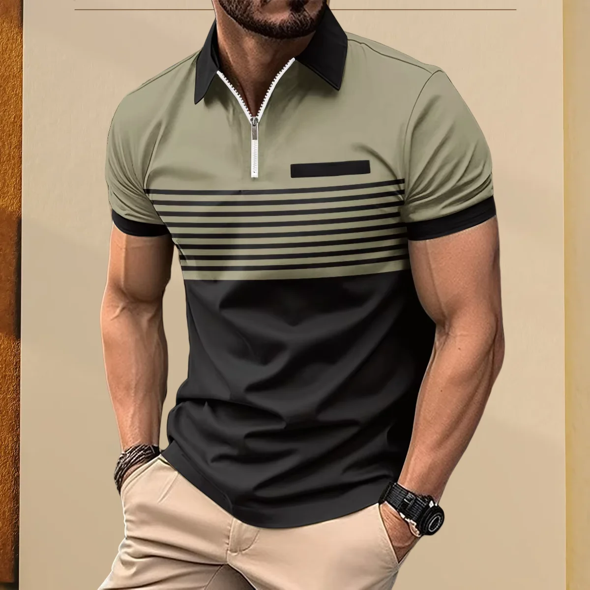 2025 Men's Summer short-sleeved POLO Shirt With Zipper Striped Print, False Pocket Decoration, Casual Business Lapel 7 Sd94cfd05c0434594a8d56b6bbcabeb4fa