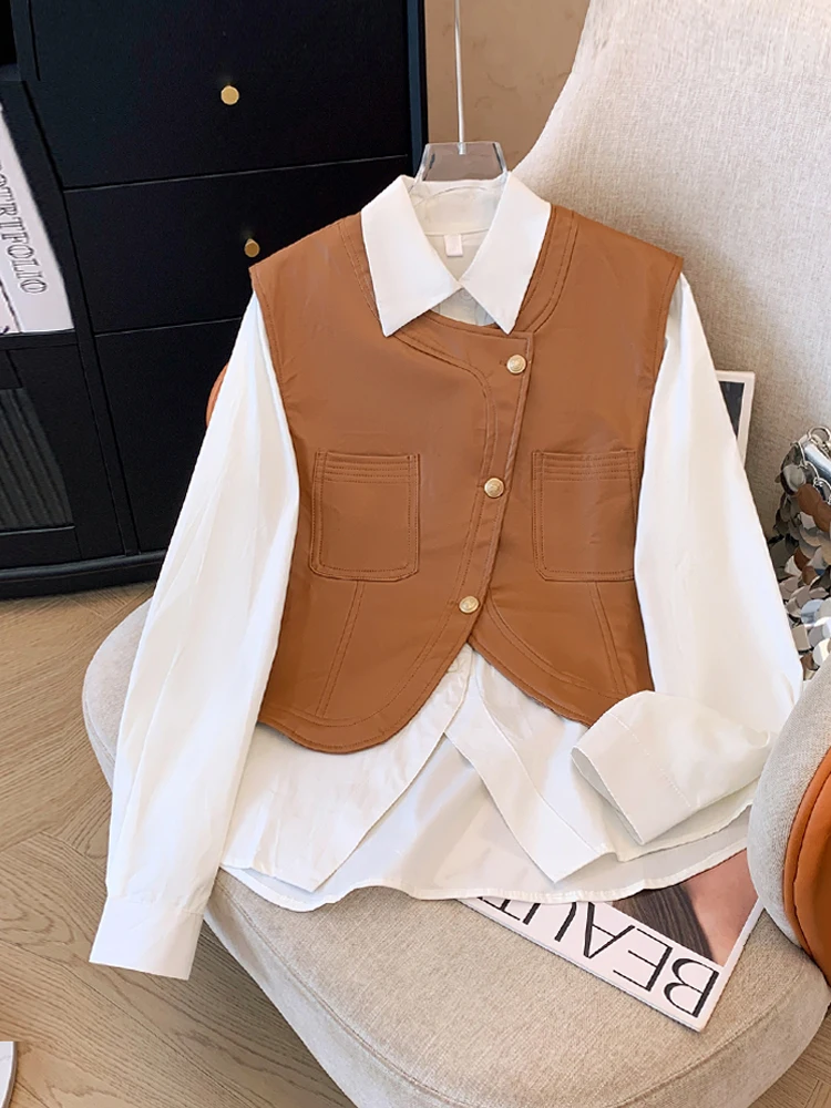 

Модный жилет SuperAen, рубашка с длинным рукавом, комплект из двух предметов на весну/лето 2024, модная винтажная рубашка оверсайз