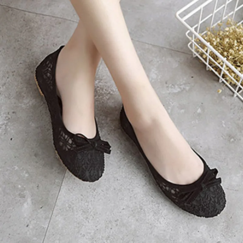 Lady Bare Foot Shoes Sweet Breathable Mesh Summer Flats With Bow-Knot Round Toe Spike Heels Anti-Slip Beige Sole 2022 New In 45