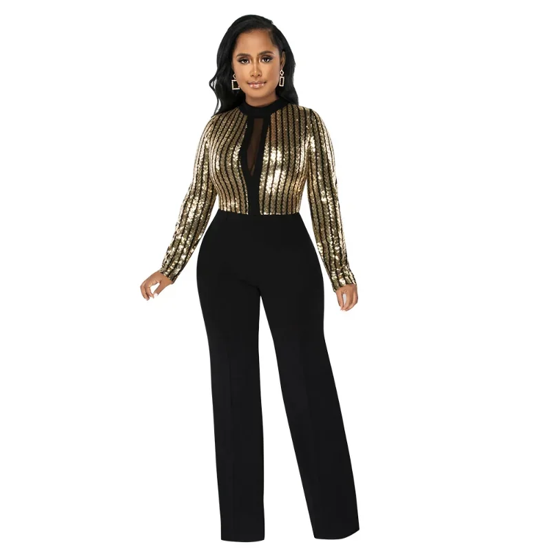 

WUHE Sequined Striped Patchwork Wide Leg Straight Long Sleeve Women Jumpsuit 2024 Sexy Party Evening Playsuit One Piece Suit