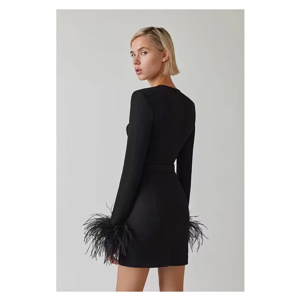 Women's Sexy Strapless Bandage Dress 2022 New Black Feather Long Sleeve  Celebrity Evening Party Elegant Mini Dresses - AliExpress 200000345