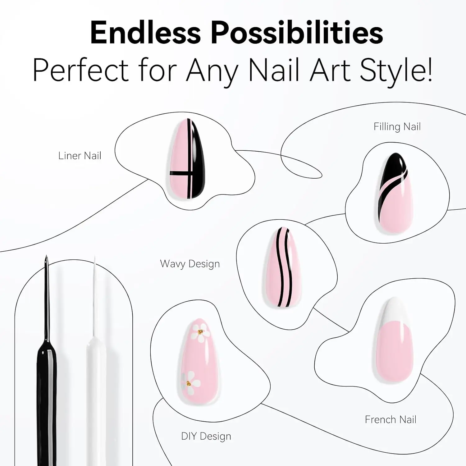 Nail Gel Nail Polish Liner Set 8ML 2 Color Nail Art Summer French Polish White Black for French Tip Swirl Draw Soak Off