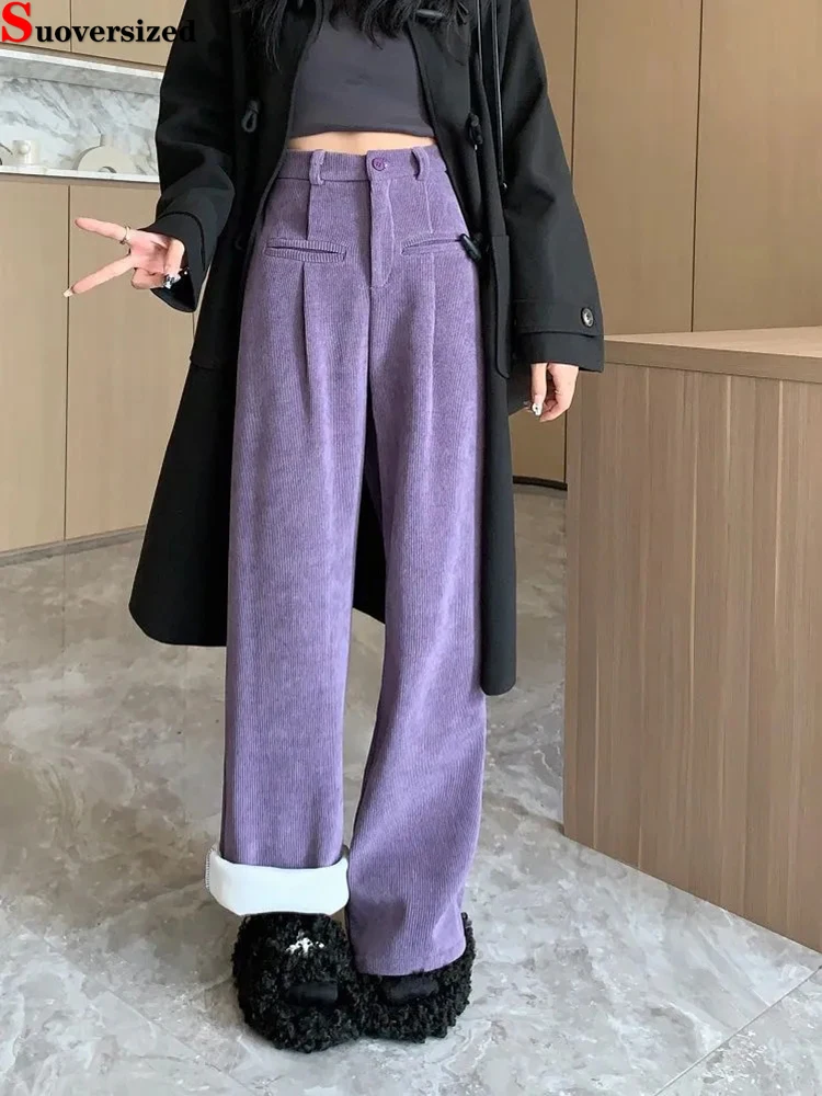 

Casual Thick Plush High Waist Trouser Korean Women Snow Wear Spodnie Winter Warm Velvet Lined Thicken Wide Leg Corduroy Pants