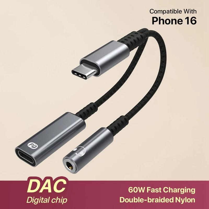 D8 USB-C to 3.5mm 헤드폰 및 충전 어댑터 2-in-1 60w 고속 충전 USB 타입 C to AUX 잭 어댑터-A86Z
