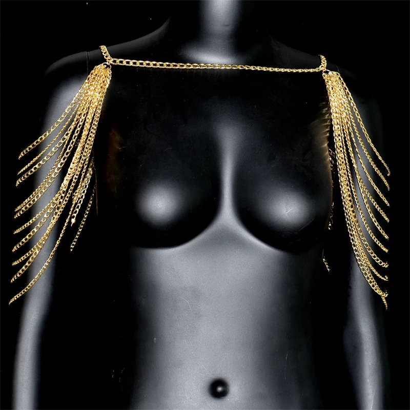 Damen-Tanktops, elegant, mehrschichtig, mit Quasten, Körperkette, minimalistisches Aluminium, glänzend, Schmuck, Festival, Bühnenaufführung, Strandkleidung – Detail 1