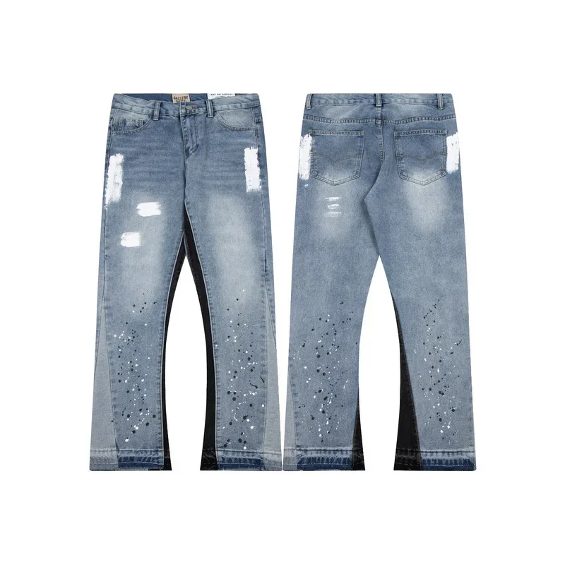 Loose Casual Men's Jeans Graffiti Spray Paint Micro Flare Street Style Patchwork Long Trousers Hip Hop Fashion 3