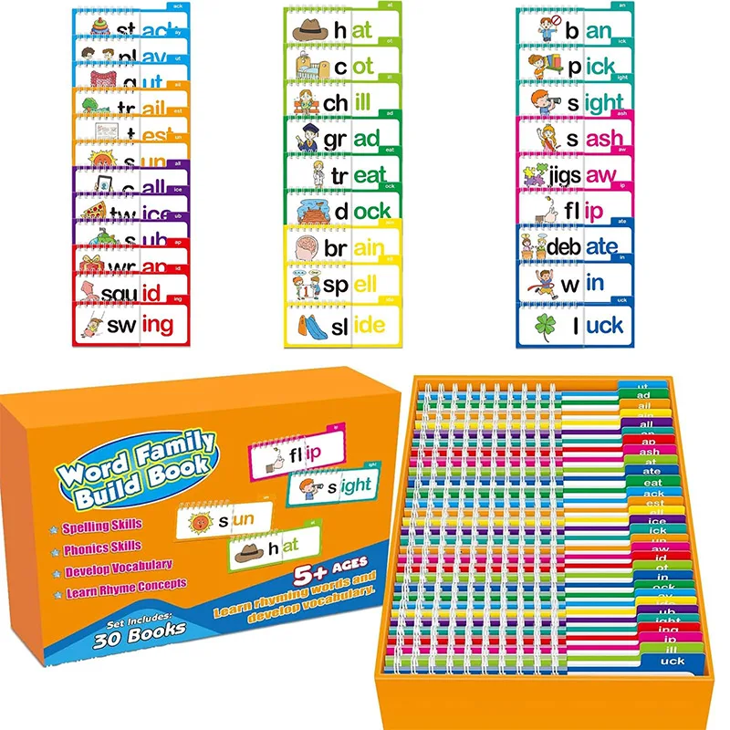 30 Read And Rhyme Flips Book Word Families Letter Sounds Flash Cards Educational Vocabulary Learning Reading for Kindergarten