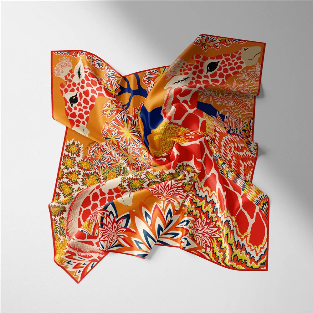 53 cm Marke Giraffe Quadrat Schal Frau 2024 Design Silk Schal Frauen Bandana Luxus Stirnband Hijab Halstuch – Detail 13
