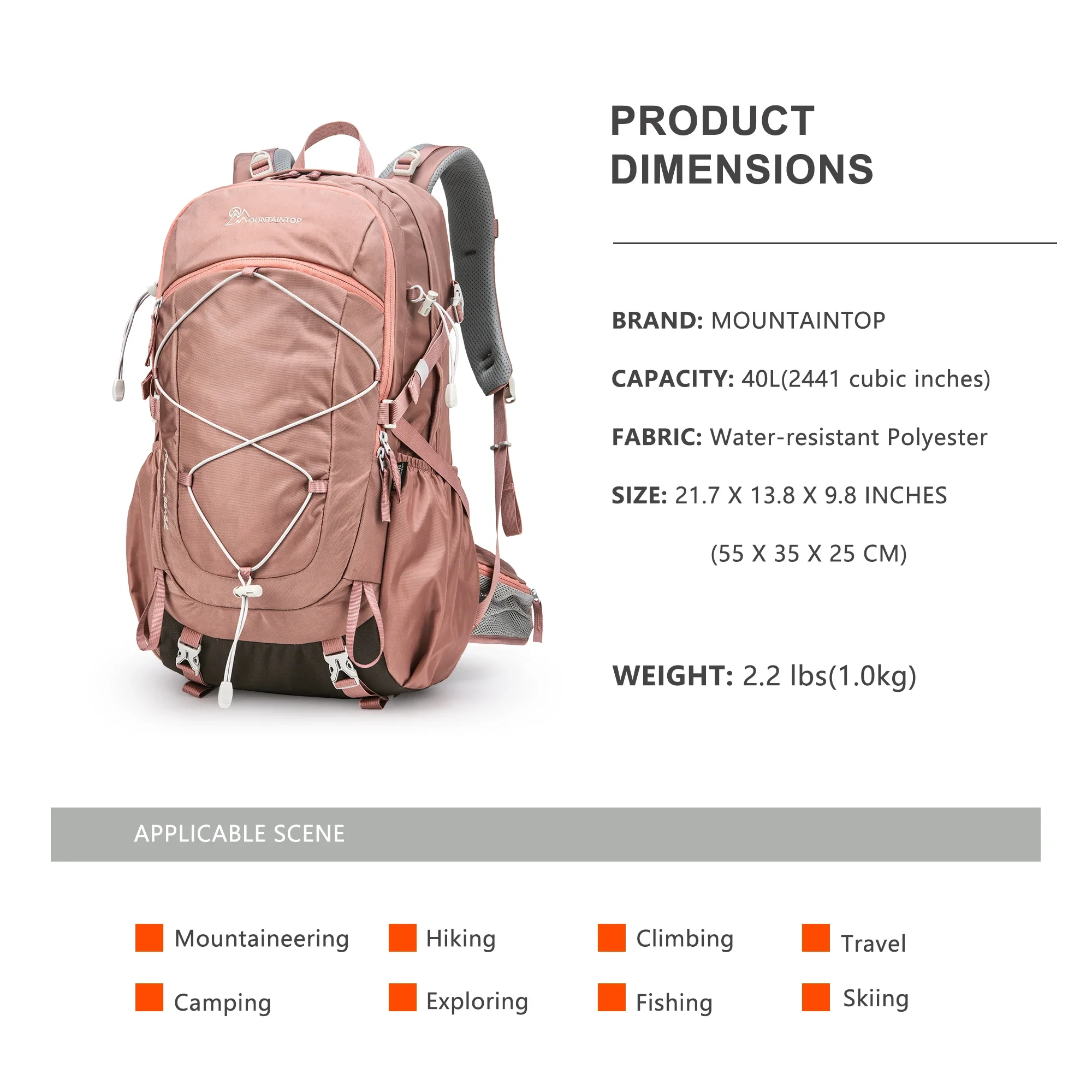 MOUNTAINTOP 여성용 하이킹 배낭, 레인 커버, YKK 지퍼, 배낭 여행, 캠핑, 사이클링, 여행용, 40L