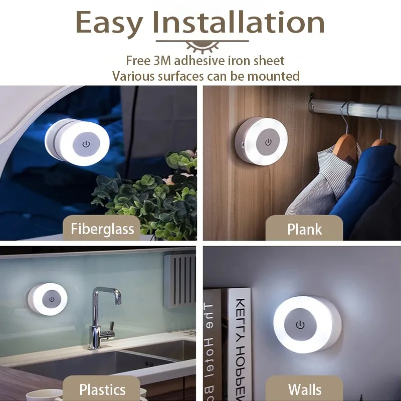 Lámpara LED de pared táctil, luz nocturna redonda portátil, recargable por USB.