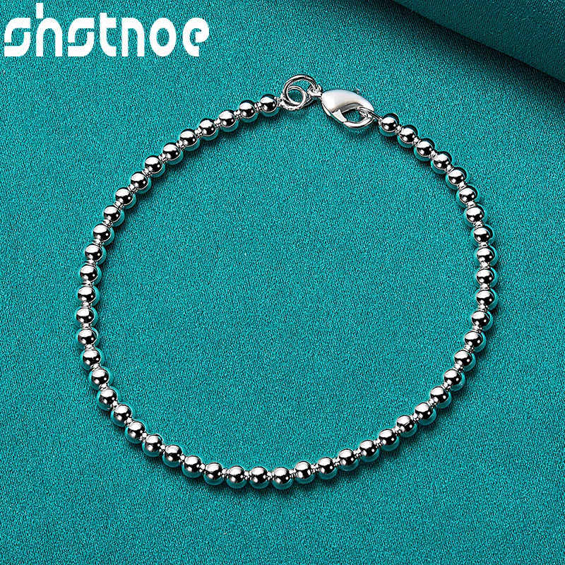 

SHSTONE 925 Sterling Silver 4mm Smooth Beads Chain Charm Bracelet For Women Man Party Birthday Gifts Lady Fashion Brand Jewelry