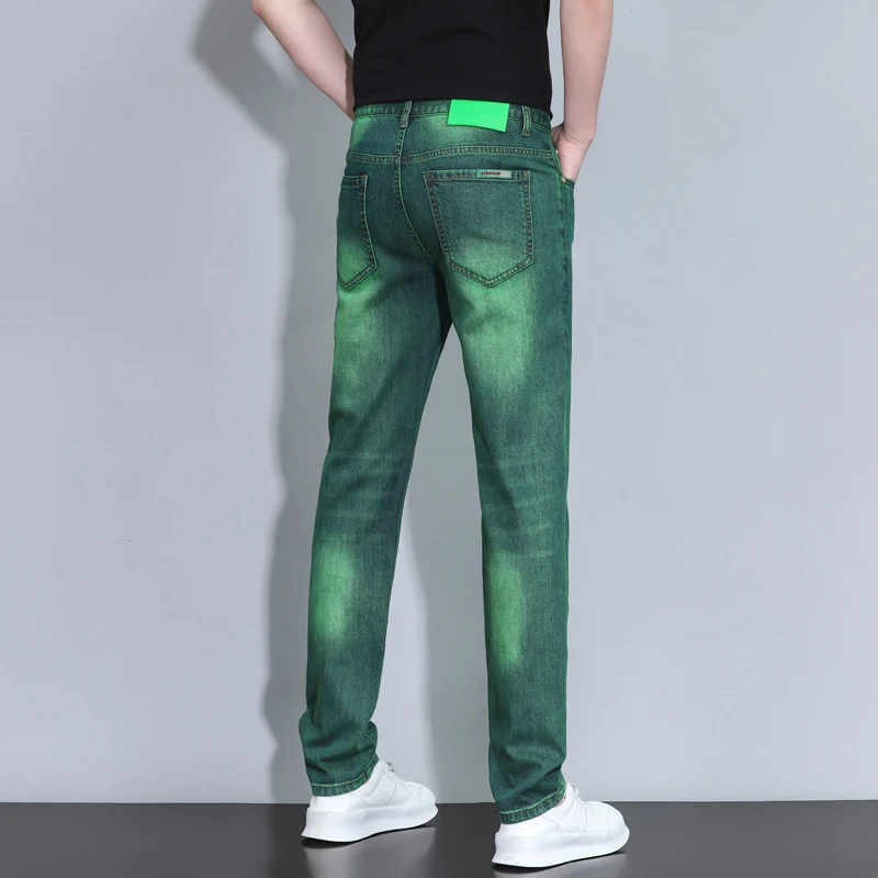 Green fashionable high-end jeans men's versatile light luxury trendy casual stretch soft slim-fitting small straight long pants
