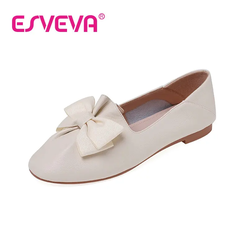 

ESVEVA 2023 Med Heel Women Loafers Spring SheepSkin Sweet Style Butterfly-Knot Slip On Office Round Toe Shoes Woman 34-39