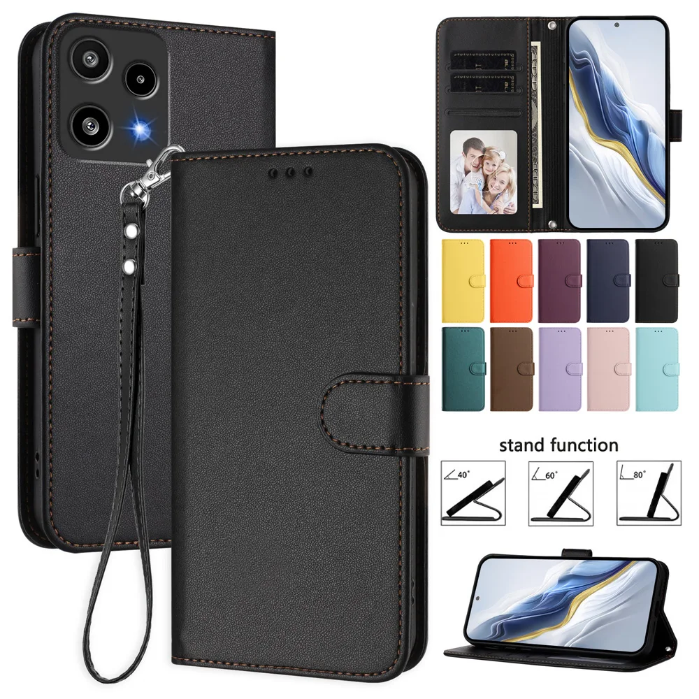 Solid-Color Leather Wallet Case with Card Slot and Stand