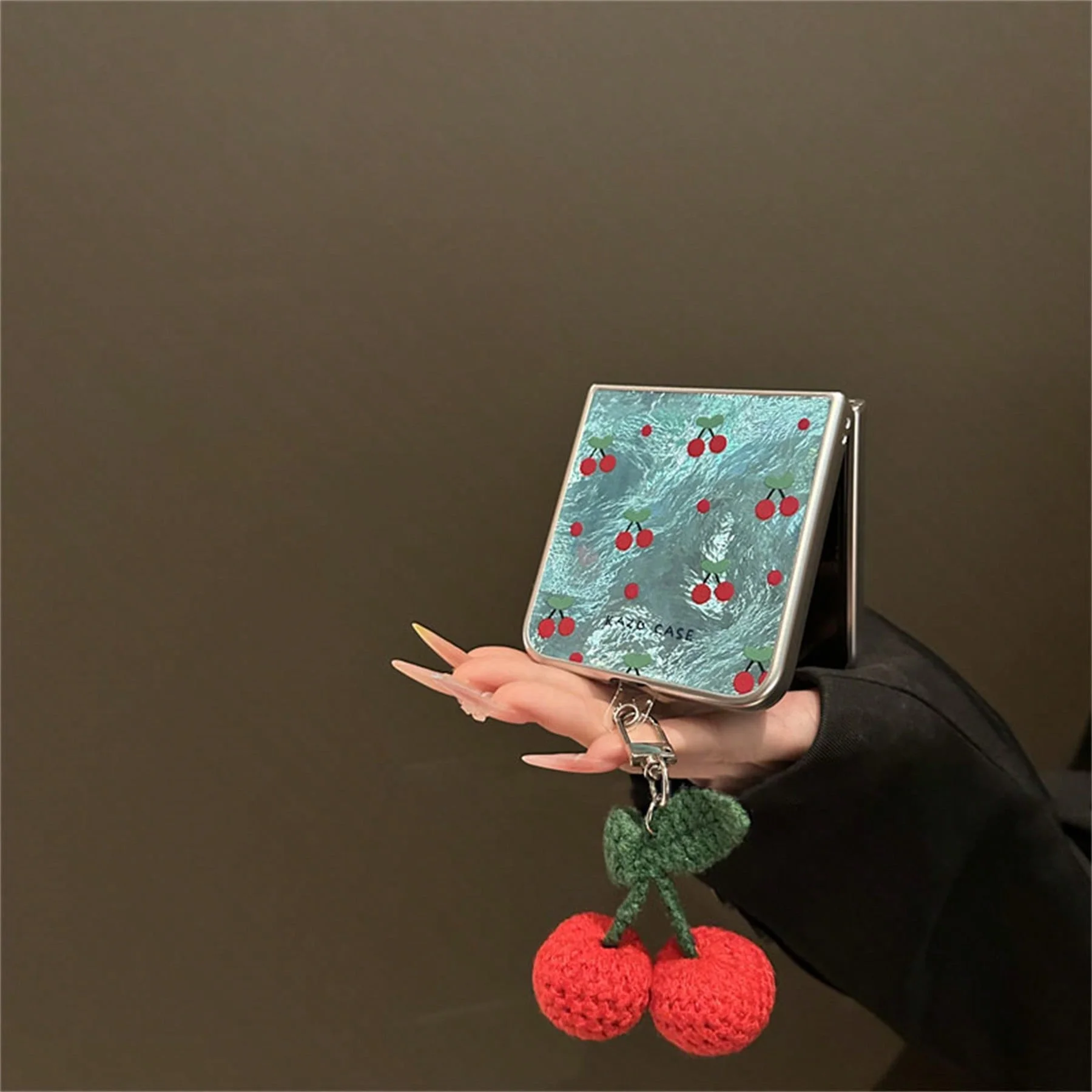Cherry Glacial Pattern Phone Case with Pendant - Cute Full Screen Design
