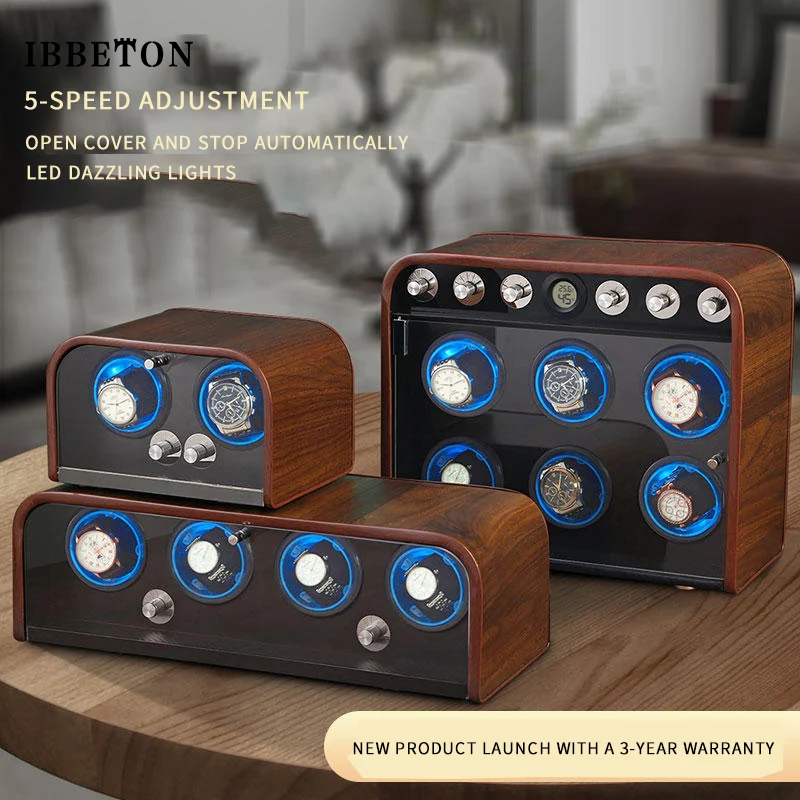 IBBETON Wooden Watch Winder Box 2 4 6 9 slot With LED Light Mute Energy-saving Super Quiet Motor Watch Meter Shaker