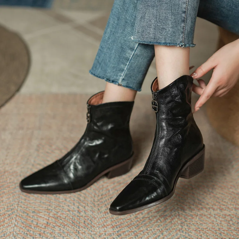 

Women Ankle Boots Spring Autumn Boots Front Zipper Thick Heel Shoes Woman Square Toe Sheepskin Leather Winter Warm Botas