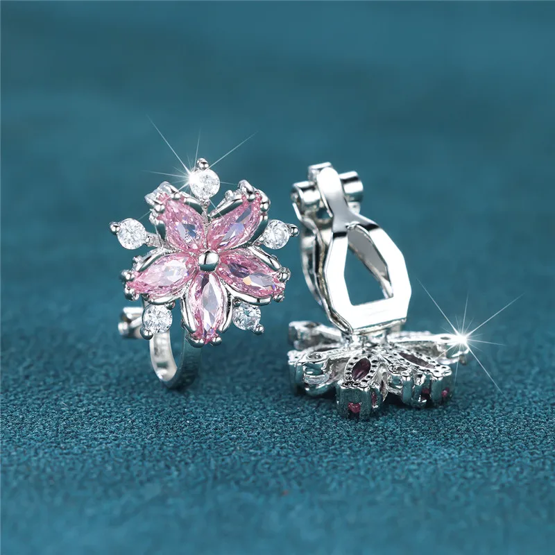 Clip Earrings Elegant Pink Crystal Sakura White Zircon Flower For Women Wedding