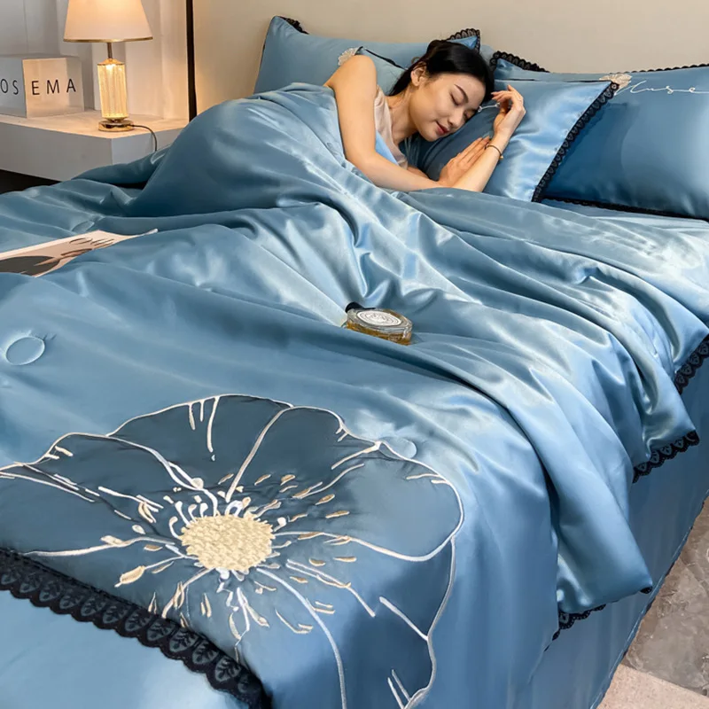 

New Light Luxury Sunflower Washed Ice Silk Summer Cool Quilt Pure Color Embroidery Silky Naked Sleeping Blanket Comforter