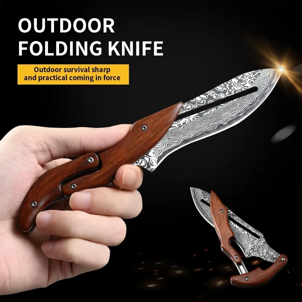Outdoor Folding knife Stainless steel Fixed blade Wooden Handle Pocket Knife Fishing knife Multi-functional Survival Camping Too