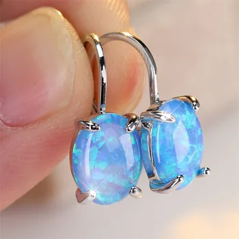 Oval Stone Blue White Purple Pink Opal Hoop Earrings For Women Rose Gold Silver Color Ear Buckle Wedding Jewelry Engagement Gift