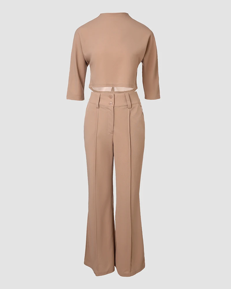 Elegantes 2-teiliges Damen-Büro-Outfit-Set mit Stehkragen, bauchfreies Oberteil und geknöpfter Hose mit Tasche, passende Sets für Damen-Arbeitskleidung – Detail 9