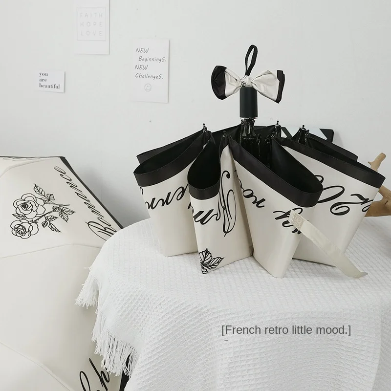 Automatic Three-fold Sunny Umbrella Folding Umbrella Vinyl Anti-UV Sunshade Retro Rose Sun Umbrella