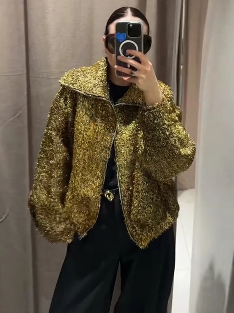 Damen Bomberjacke Revers Reißverschluss Metalldraht Lurex Mäntel Herbst 2025, weiblich, langärmelig, lose Jacken, modische Damen-Partykleidung – Detail 30