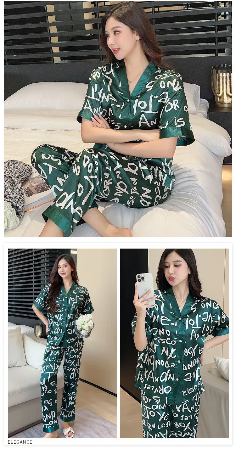 Luxury Ice Silk Short-Sleeved Trousers sleepwear Set for women