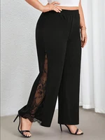 Women's plus size black elegant spring summer casual split lace patchwork loose elastic waist wide leg pants straight leg pants - Image 4