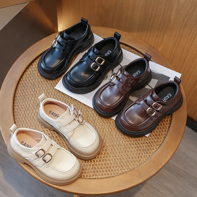 Children Leather Shoes Buckle Solid Color School Spring Kids Flat Shoe 23-36 Unisex Fashion Round Toe Flexiable Boys Girls Shoe