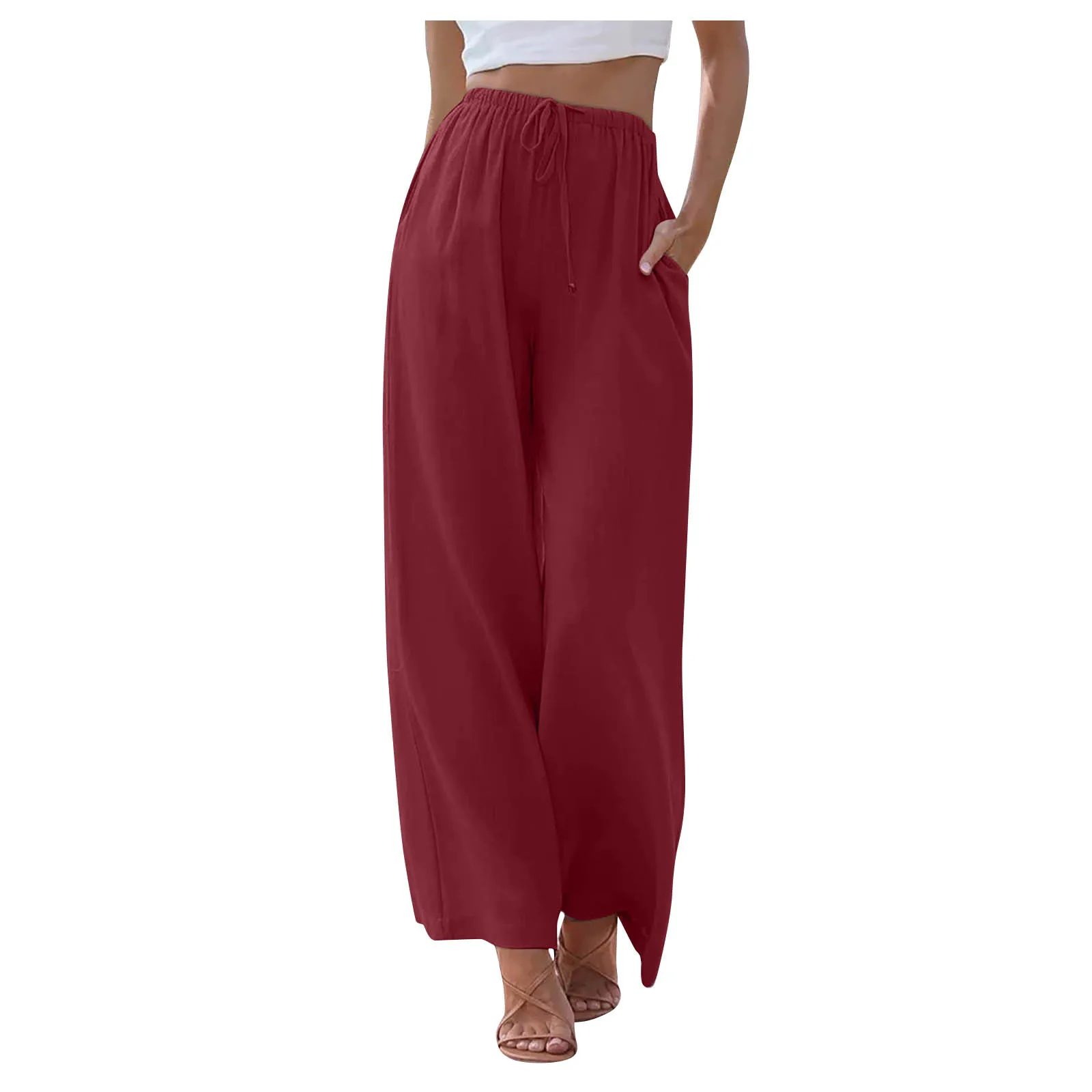 Womens Wide Leg Lounge Pants with Front Pockets Solid Color Loose