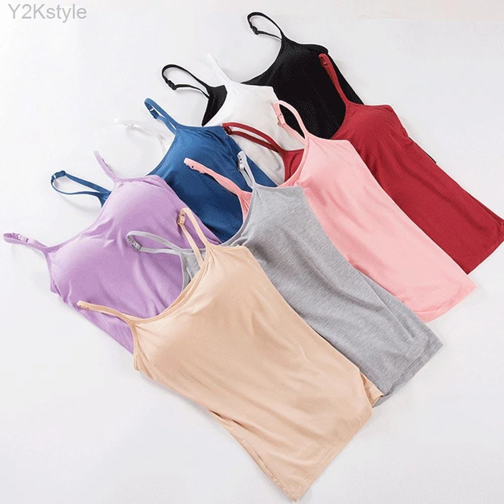 

2023 Women Solid Tank Tops Adjustable Strap Built In Cup Padded Wireless Camisole Camis Vest Female Home Basic Tank Top