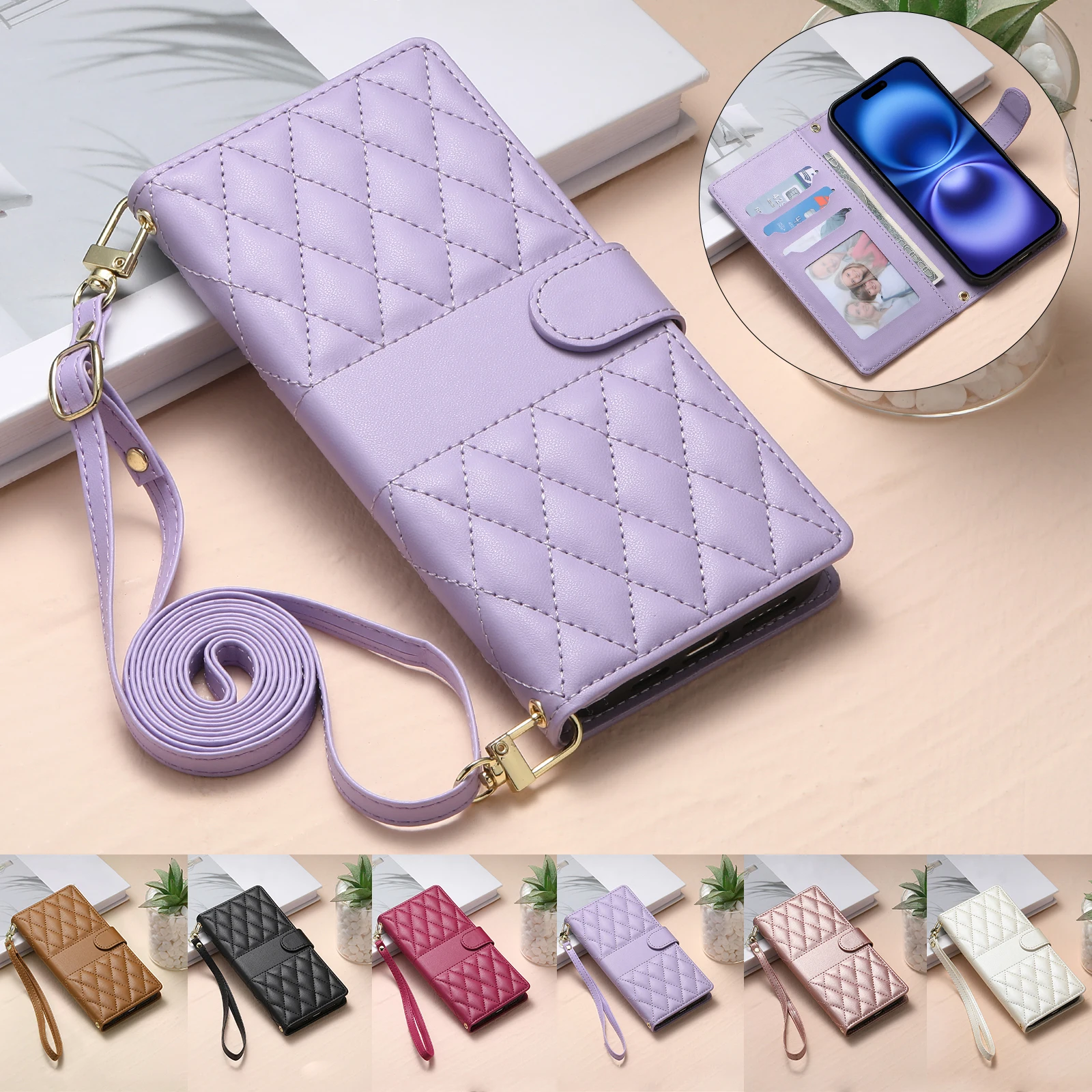 Crossbody Leather Wallet Case with Card Slot and Grid Lanyard – Book Flip Cover