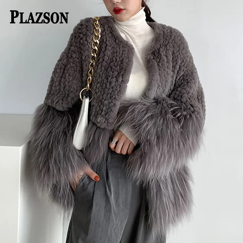

PLAZSON chaquetas para mujeres Rabbit Fur Spliced Raccoon fur Woven Coat for Women Autumn Winter Outwear Faux Fur Coat Jacket