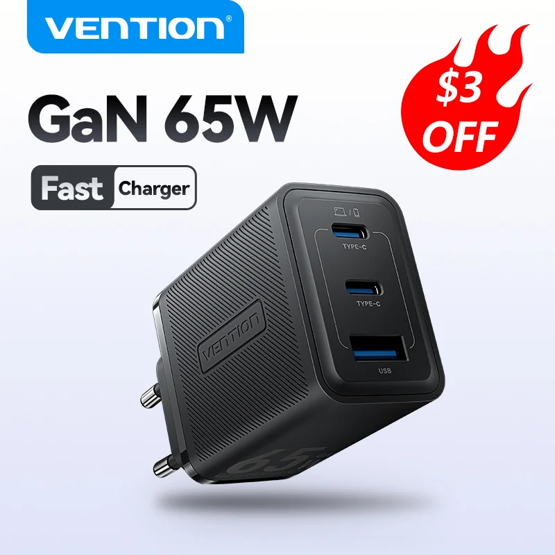 Vention 65W GaN Charger Type C Quick Charge 4.0 3.0 USB Charger For iPhone 15 14 13 12 Pro Max Fast Charger For Laptop PD Charge