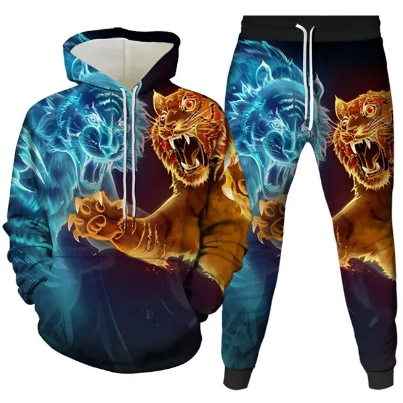 New Men's Vintage Pants Sweater Sets Golf Hoodie Men 3D Printed Tiger Animal Pattern Y2k Oversized Ventilate Fashion Tracksuit