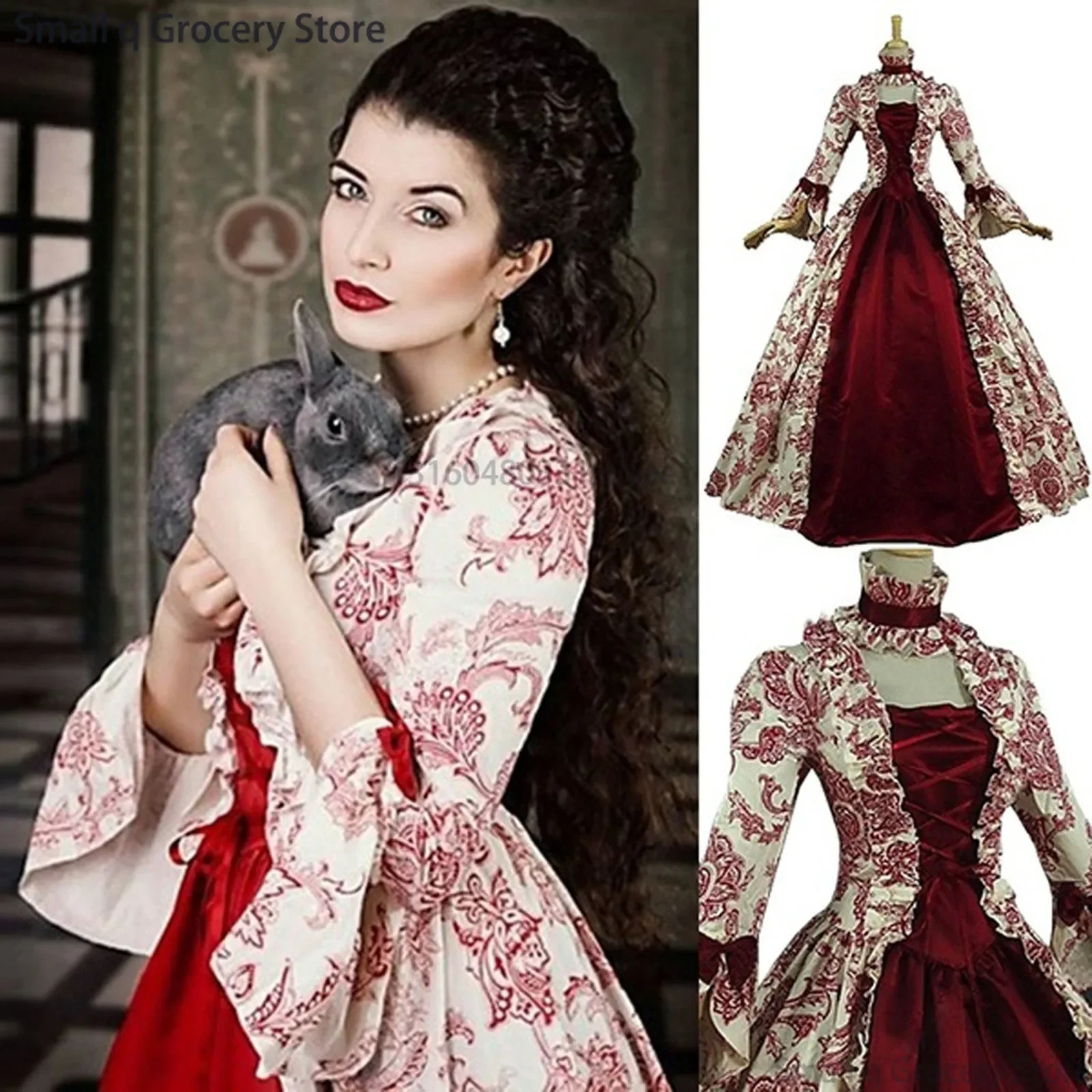 Women Lace-Up Medieval Dress Ruffles Bow Vintage Victorian Carnival Maxi Dress Patchwork Floral Female Fairy Long Dress 4