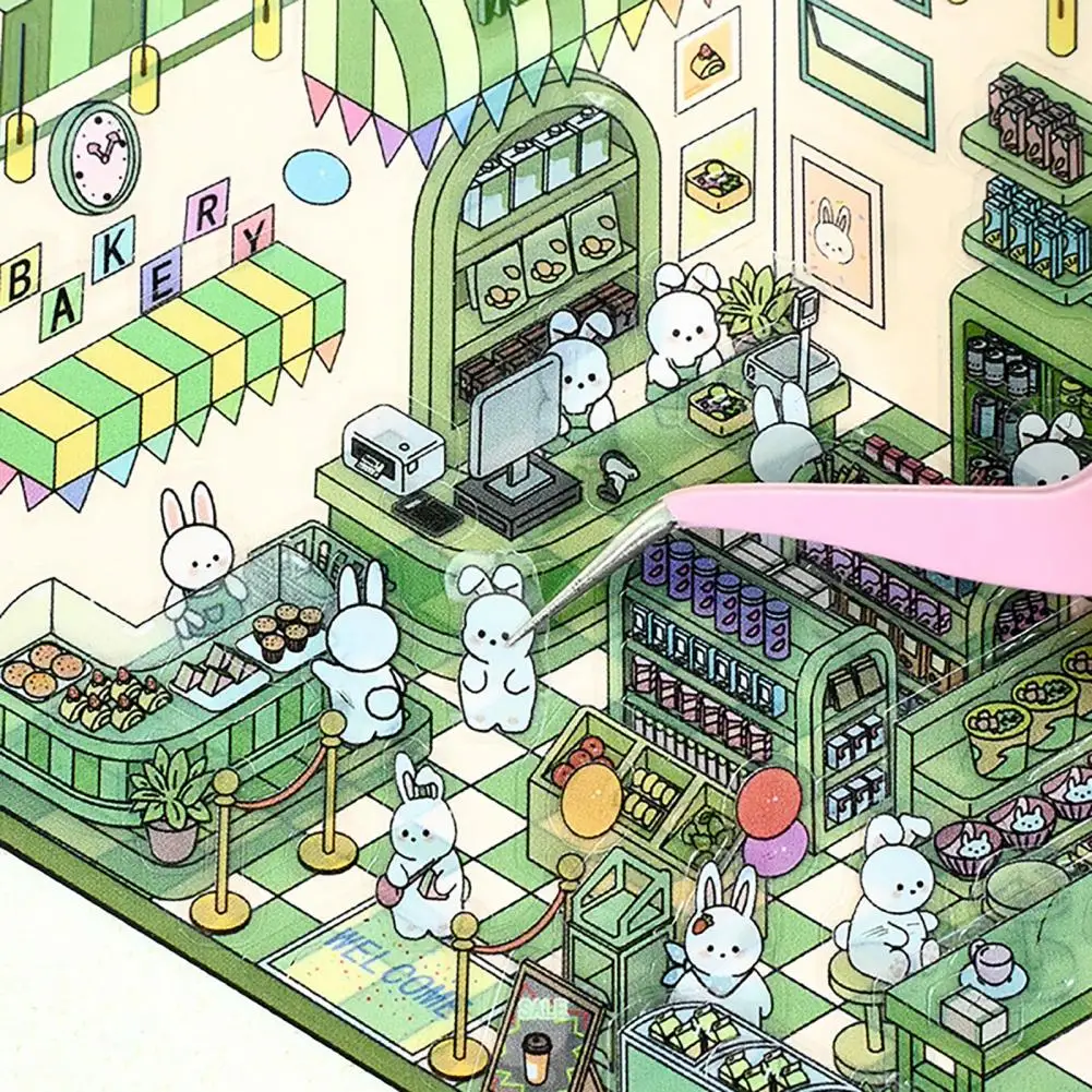 4 Sets 3D Scene Stickers Adjustable DIY Cat Cafe House Stickers Stress Relief Entertainment Decals Cabin Scene Stacking Pasting