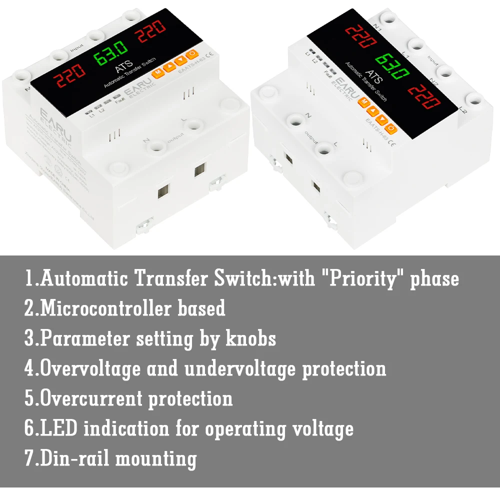 63A 100A ATS Adjustable Over Under Voltage Current Protector Dual Power Conversi