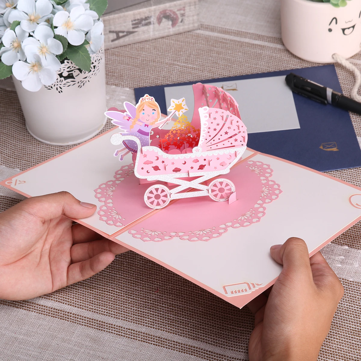 Greeting cards 1st birthday 3D baby carriage 2 colors for newborn baby shower invitation