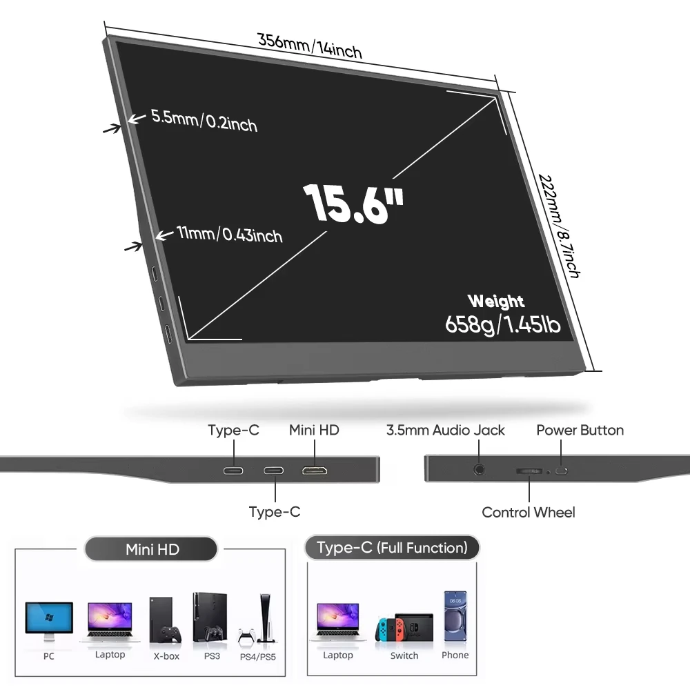 15.6인치 휴대용 모니터 IPS 1080P FHD 16:9 로우 블루라이트 Xbox PS4/5 스위치 휴대폰 PC 노트북 확장 컴퓨터용