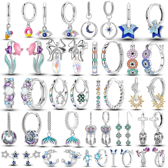 925 Silver Star Round Hoop Earrings Colorful Zirconia Sterling Geometry Circle Four Leaf Clover Earrings for Women Jewelry Gift