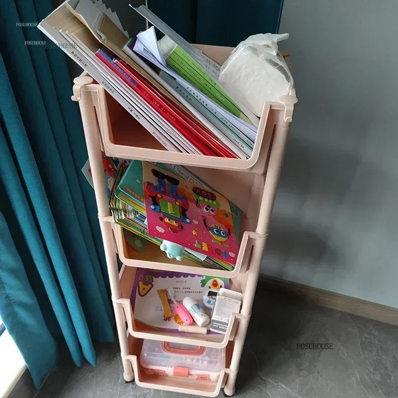 Home Children's Bookcases Rack with Wheels Removable Toy Storage Bookcase Reading Shelves Cart Floor Simple Small Bookshelves