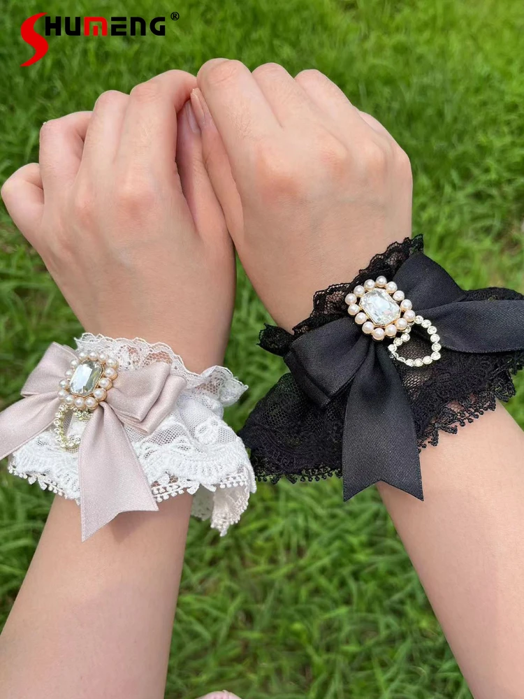 

Lolita Cute Handmade Lace Bow Oversleeve Japanese Style Kawaii Mine Mass-Produced Three-Layer Refined Heart Shape Bracelet Woman
