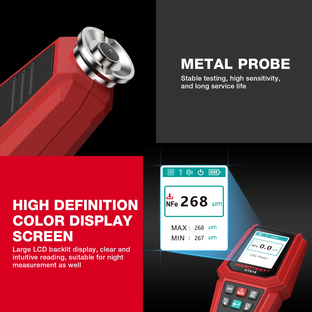 Paint Thickness Gauge HABOTEST HT616 Car Coating Thickness Gauge 0-1500UM Car Film Paint Thickness Tester Measurement Save calibration data in groups paint coating meter,paint thickness gauge,thickness gauge,wet film thickness gauge