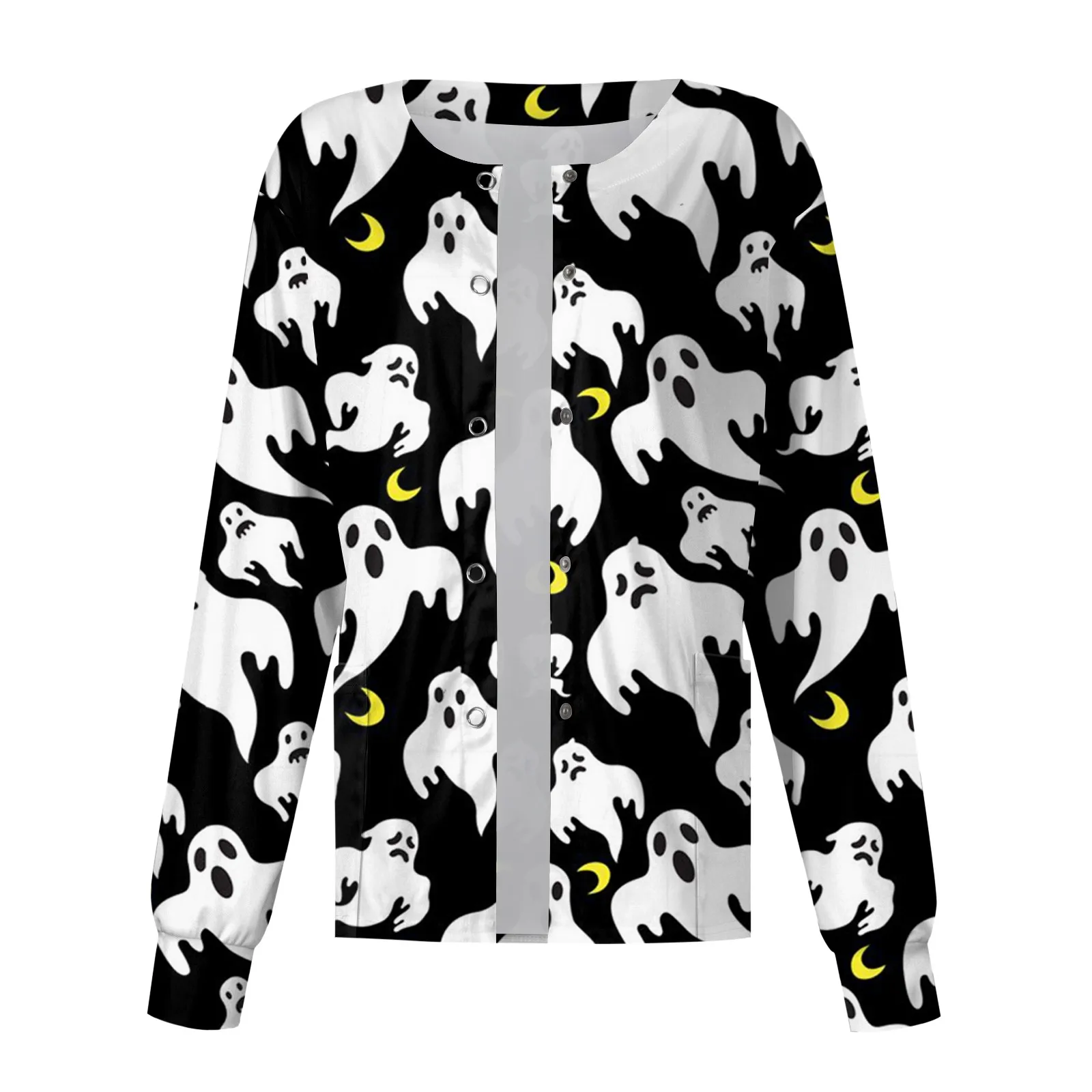 Women's Single-breasted Top Halloween Bat Printed Scrub Jacket Nurse Coat Pet Shop Nurse Working Round Neck Cardigan Coat